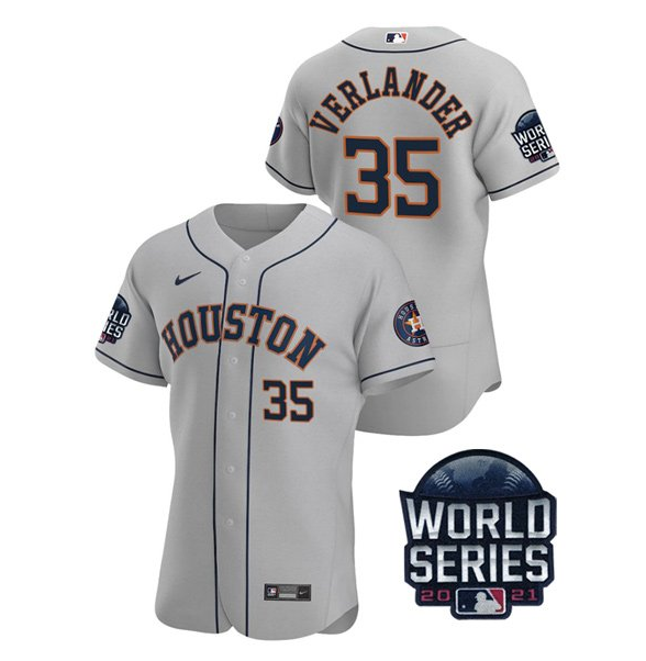 Men's Grey Houston Astros #35 Justin Verlander 2021 World Series Flex Base Stitched Baseball Jersey